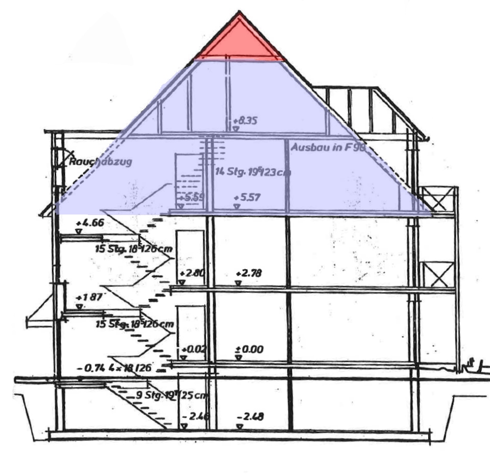 Querschnitt mit Markierung für Wohnung und Spitzboden