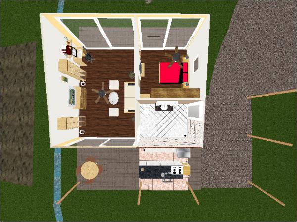 von oben gesehen - 3 Raeume - die Kueche befindet sich draussen